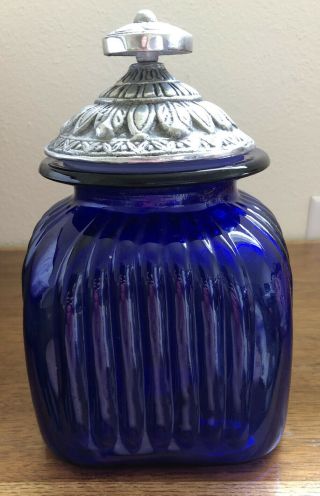 Vintage Cobalt Blue Glass 10” Jar Cookie Jar Canister Container W/pewter Lid