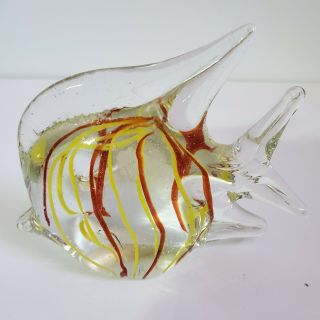Vintage Hand Blown Art Glass Angel Fish With Yellow,  Red Stripes Paperweight - B1