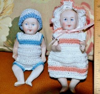 Antique Twin German Limbach 1900’s All Bisque Dollhouse Doll 4 1/2 " Jointed T