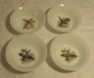 Set Of 4 Vintage Fire King Pheasant Goose Duck Game Birds Milk Glass Berry Bowls