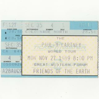 Paul Mccartney Concert Ticket Stub Los Angeles Ca 11/27/89 The Forum The Beatles
