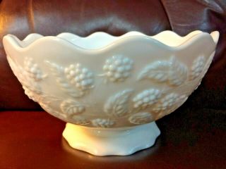 Vintage Grapes White Milk Glass Farmhouse Scalloped Pedestal Large Bowl,  7 7/8 "