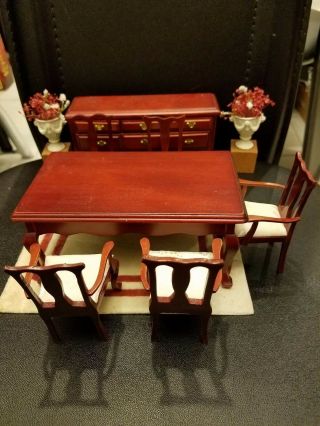Vintage Chippendale Dining Room Set Doll Chair Table Dresser With Two Vases