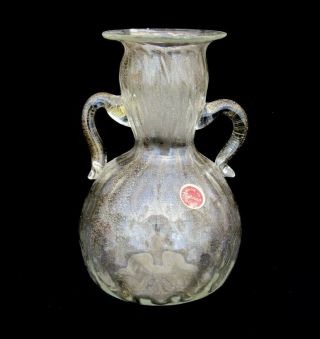 Vintage Old Murano Art Glass Freeform Amphora Vase With Gold Leaf & Label