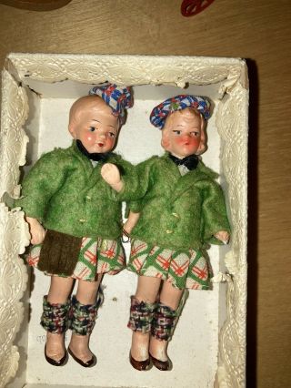 Antique All Bisque Scotland Boy & Girl Hertwig Germany Box & Costumes