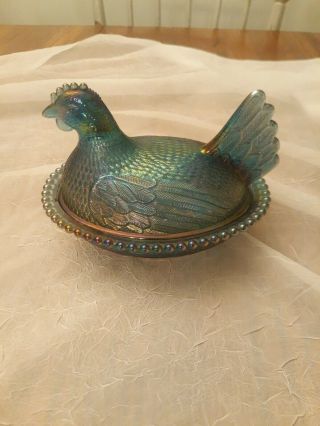 Vintage Indiana Nesting Hen Iridescent Blue Carnival Glass Candy Dish