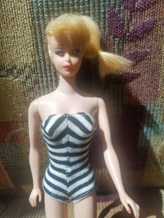 Vintage Barbie Ponytail 5 Doll Blond With Black And White Swimsuit Tlc Mattel