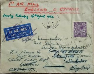 Great Britain 1932 Dartmouth Water First Flight Cover To Cyprus Returned
