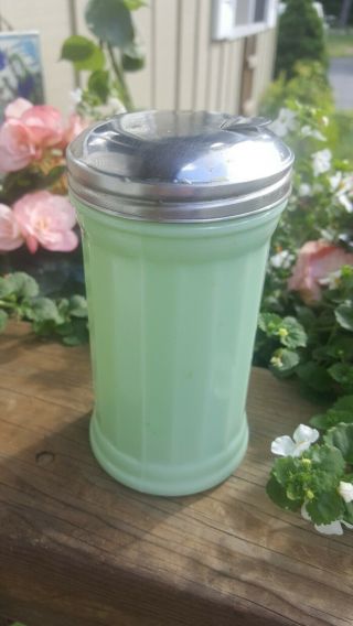 Jadeite Sugar Shaker / Pourer Ribbed Metal Top Dispenser Green Glass