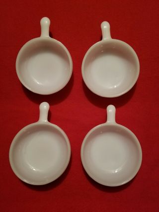 Set Of 4 Vintage Glasbake White Milk Glass Soup Chilli Bowls With Lug Handles