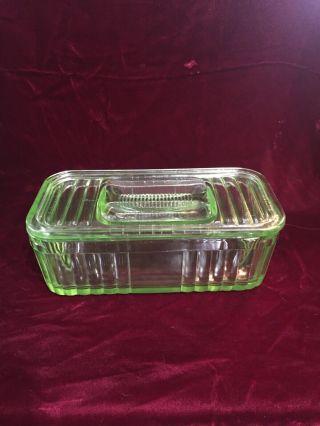 One Uranium Green Depression Glass Refrigerator Dish With Lid 8 1/2”x4”