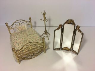 Vintage Dollhouse Furniture Gold Brass Metal Bed 3 - Panel Floor Mirror Coat Rack