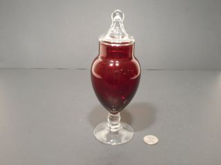 Vintage Cranberry And Clear Glass Small Pedestal Apothecary Candy Jar With Lid