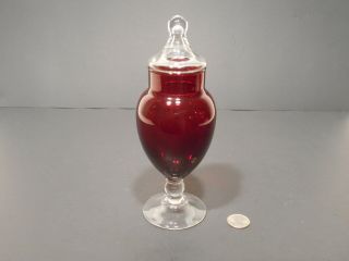 Vintage Cranberry and Clear Glass Small Pedestal Apothecary Candy Jar with Lid 2