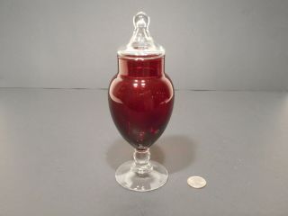 Vintage Cranberry and Clear Glass Small Pedestal Apothecary Candy Jar with Lid 3
