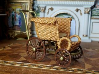 Dollhouse Miniature Artisan Barbara Ruemeli Wicker Baby Stroller Carriage 1:12