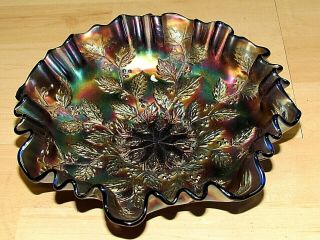 Fenton Cobalt Blue Carnival Glass Fluted Crimped Bowl Leaves And Berries 8 1/2 "