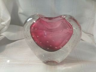Murano? Ruby Red And Clear Italy Art Glass Heart Shape Controlled Bubbles Vase.