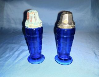Vintage Hazel Atlas Moderntone Cobalt Blue Salt And Pepper Shakers 4 1/4 "