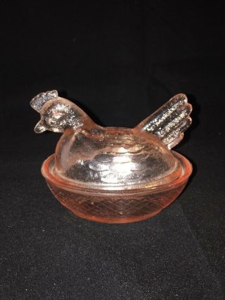 Vintage Pink Glass Hen On Nest Chicken Trinket Candy Dish With Lid