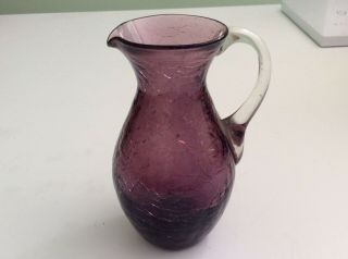 Vintage Pilgrim Purple Amethyst Crackle Glass Creamer Pitcher Hand Blown 4” Tall