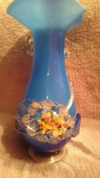 Vintage Murano Style Art Glass Vase Blue & White With Exquisite Flower Head Top