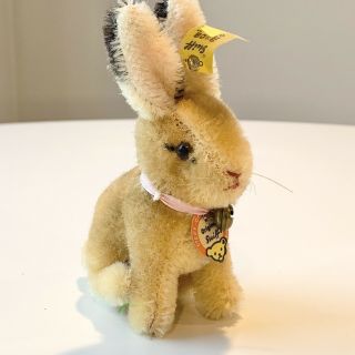 Vintage Mohair Steiff Bunny Rabbit Sitting Plush Bow Bell Id Tag