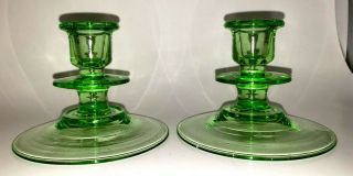 2 Vintage Depression Glass Green Vaseline Candlestick Candle Holders