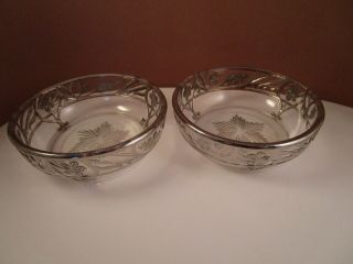 Vintage Silver Overlay Flowers Clear Glass Berry Dessert Bowls