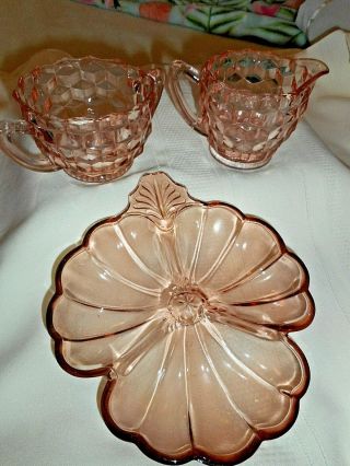 Vintage Pink Depression Glass Qbert Sugar & Creamer & Divided 3 Section Dish