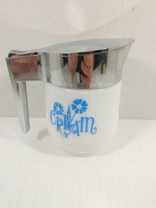 Vintage Pyrex Corelle Gemco Cornflower Blue Milk Glass Creamer W/chrome - Look Lid