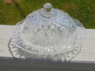 Vintage Eapg Clear Cut Pressed Glass Butter Cheese Ball Dish Round With Dome Lid