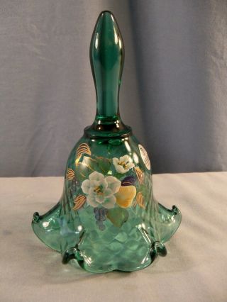 Fenton Hand Painted Green Glass Bell - White Flower & Fruit Design