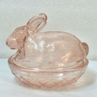 Vtg Indiana Glass 2 Pc Pink Glass Bunny Rabbit Trinket Box Cov Candy Dish