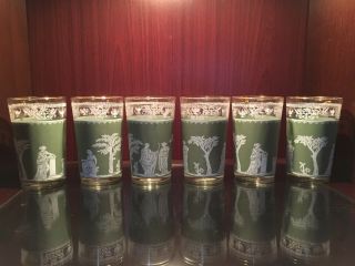 6 Jeannette Glass Hellenic Wedgewood Green Jasperware 6 Oz Juice Glasses 4 " Tall