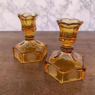 Vintage Pair Fostoria Coin Glass Amber Embossed Candle Holders Candlesticks