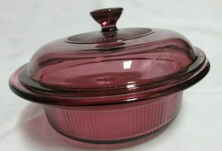 Corning Vision Cranberry Round Ribbed Casserole With Lid 24oz