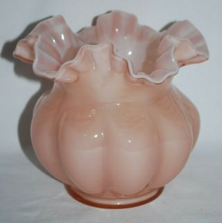 Vintage Fenton Art Glass Rose Overlay Opaque Ruffled Melon 5 1/2 " Bowl Vase