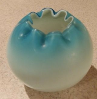 Antique Vtg Blue White Cased Satin Glass Rose Bowl Vase.  Crimped Ruffle Edge EUC 2