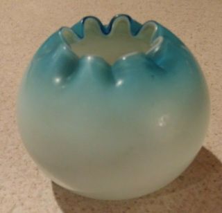 Antique Vtg Blue White Cased Satin Glass Rose Bowl Vase.  Crimped Ruffle Edge EUC 3