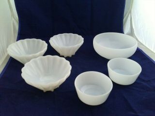 Set Of 6 Vintage Milk Glass Bowls.  Fire King E O Brody