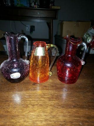3 Crackle Glass Pilgrim Glass Miniature Vase/pitchers Orange Amberina Red Purple
