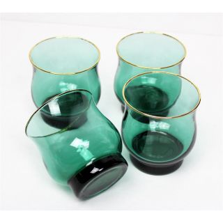 Vintage Set Of 4 Green Emerald Gold Trim Scotch Glasses