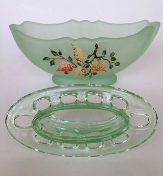 Vintage Art Deco Bagley Frosted Green Pressed Glass “evesham” Bowl And Frog Vgc