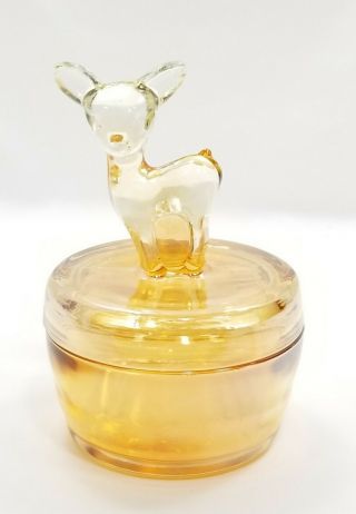 Vintage Fawn Deer Powder Box Jeannette Glass Marigold Carnival Glass Trinket 978