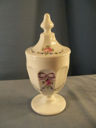 Westmoreland Hand Painted Milk Glass Covered Candy Dish - Roses & Bows Design