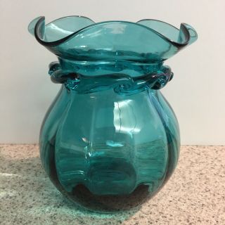 Vintage Hand Blown Glass Teal Blue Melon Vase Ruffled Rim And Applied Rigaree
