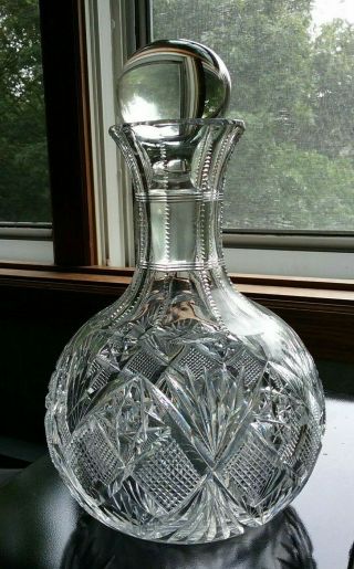 Antique American Brilliant Cut Glass Decanter Carafe Strawberry Diamond Fan Star