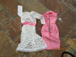 Vintage Barbie Clothing,  Pink Dress W White Lace Covering