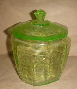 Green Depression Glass Cookie Jar With Lid Anchor Hocking Glass Princess Pattern